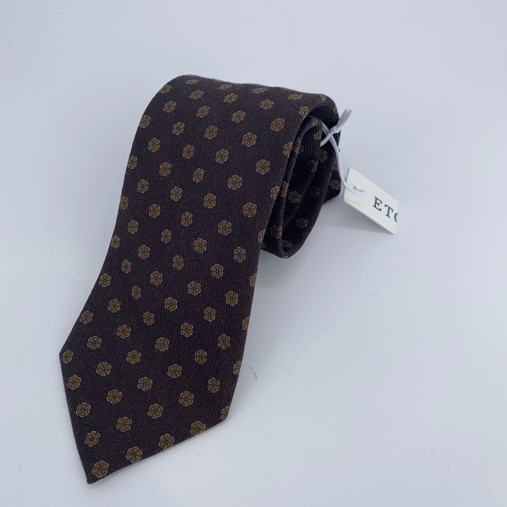 Eton Tie Mens One Size Brown Floral Wool Classic‎ Fit Luxury Necktie Italy Made